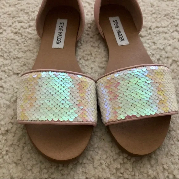 Steve Madden Women’s Sandals Sidestep Sequined Slip On Flats - Picture 9 of 14